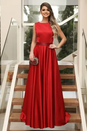 A-Line Bateau Floor-Length Red Satin Sleeveless Prom Dress with Beading LRA200