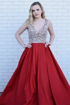 A-Line Deep V-Neck Sweep Train Dark Red Satin Backless Prom Dress with Beading LRA69