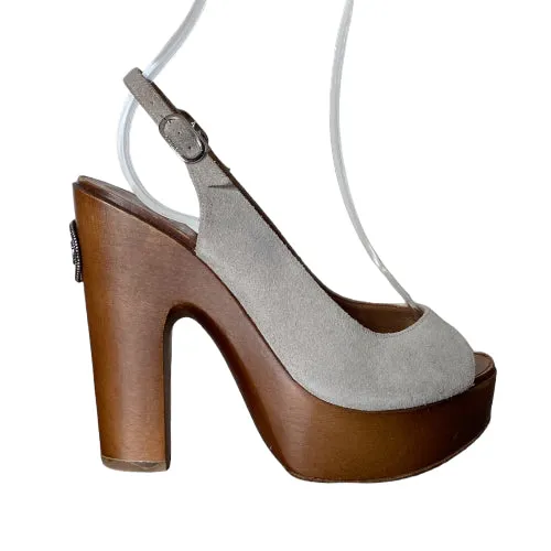 CHANEL Beige Suede Interlocking CC Logo Slingback Wooden Platform Sandals, 37