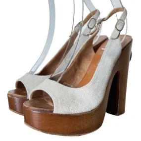 CHANEL Beige Suede Interlocking CC Logo Slingback Wooden Platform Sandals, 37