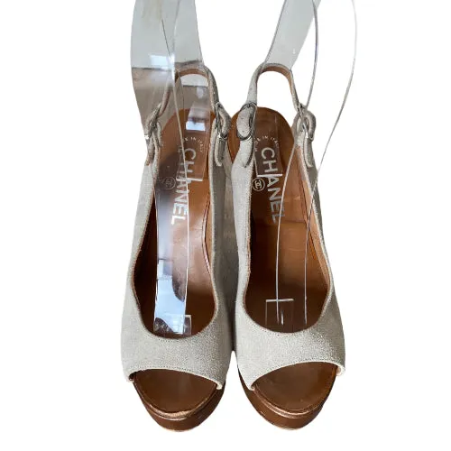 CHANEL Beige Suede Interlocking CC Logo Slingback Wooden Platform Sandals, 37
