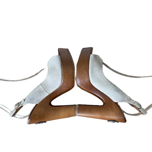CHANEL Beige Suede Interlocking CC Logo Slingback Wooden Platform Sandals, 37