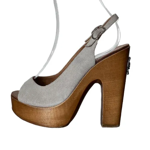 CHANEL Beige Suede Interlocking CC Logo Slingback Wooden Platform Sandals, 37