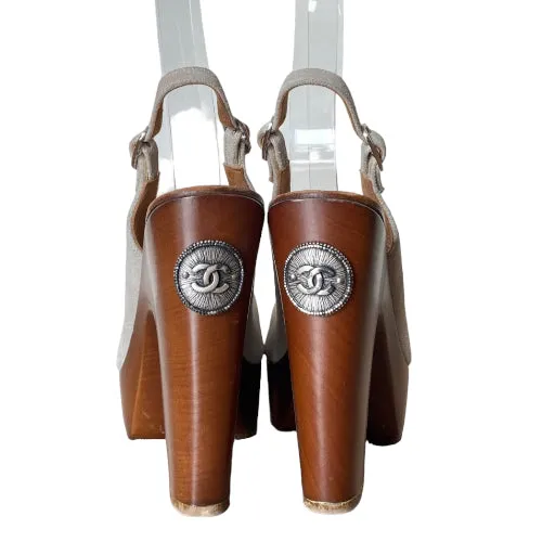 CHANEL Beige Suede Interlocking CC Logo Slingback Wooden Platform Sandals, 37