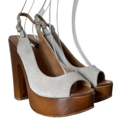 CHANEL Beige Suede Interlocking CC Logo Slingback Wooden Platform Sandals, 37