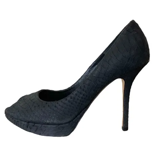 CHRISTIAN DIOR Miss Dior Black Python Leather Peep Toe Pumps, Size 37.5