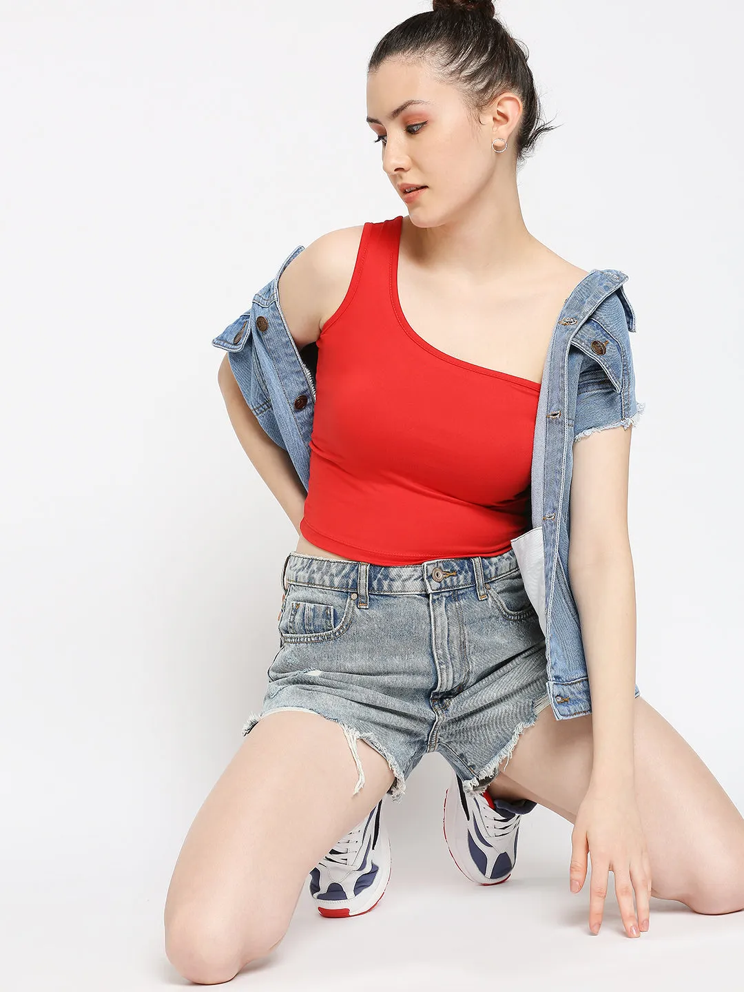 Disrupt One Shoulder Slim Fit Red Top