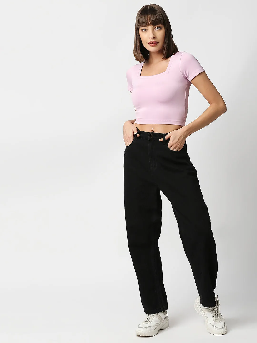 Disrupt Women Light Pink Square Neck Slim Fit Crop Top