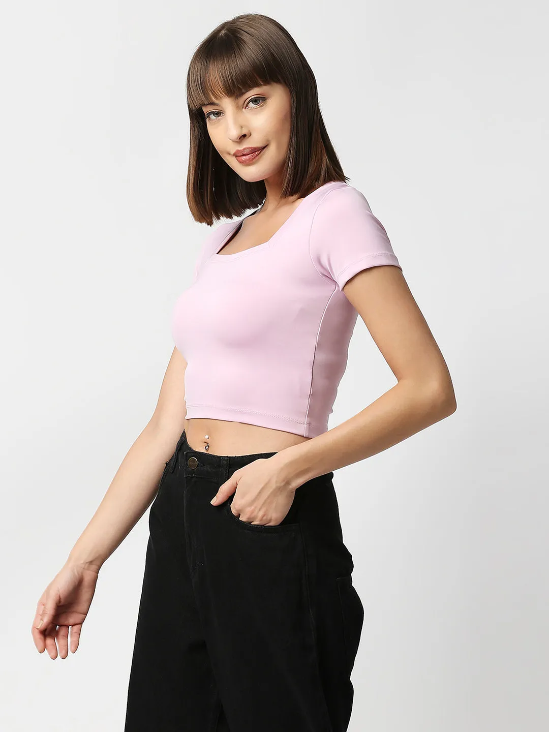 Disrupt Women Light Pink Square Neck Slim Fit Crop Top