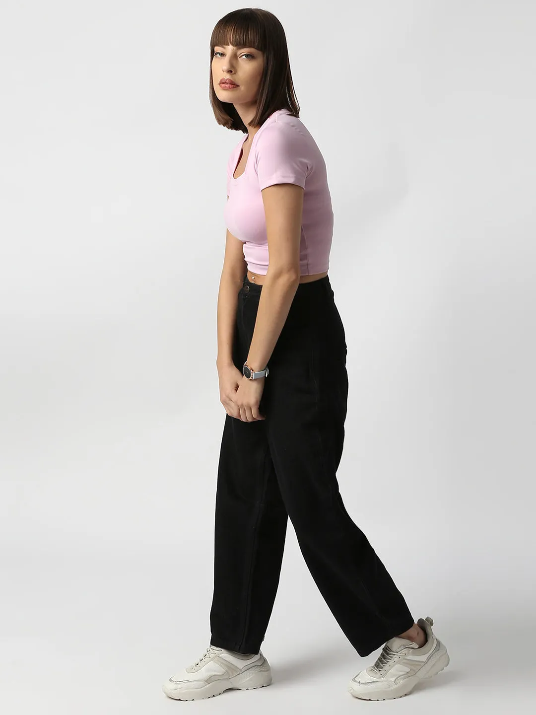 Disrupt Women Light Pink Square Neck Slim Fit Crop Top