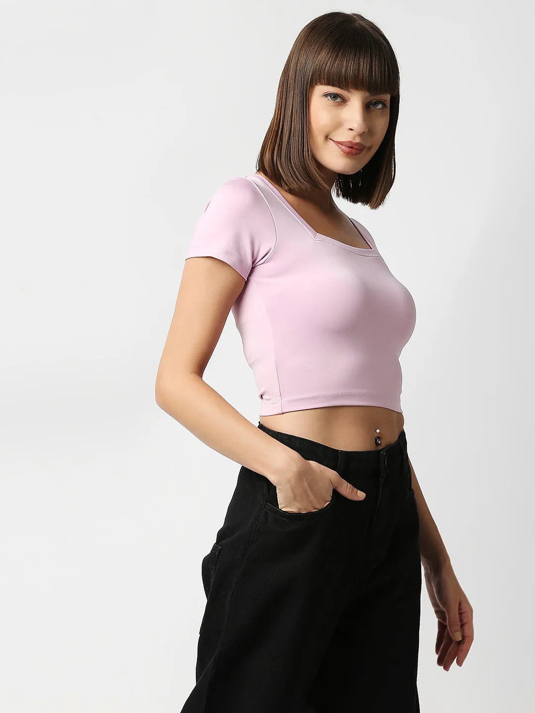 Disrupt Women Light Pink Square Neck Slim Fit Crop Top
