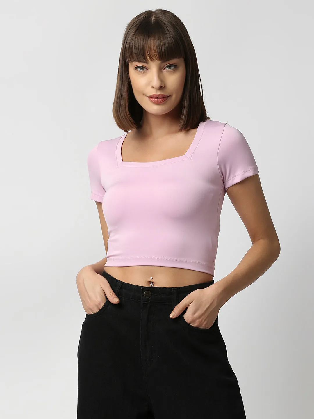 Disrupt Women Light Pink Square Neck Slim Fit Crop Top