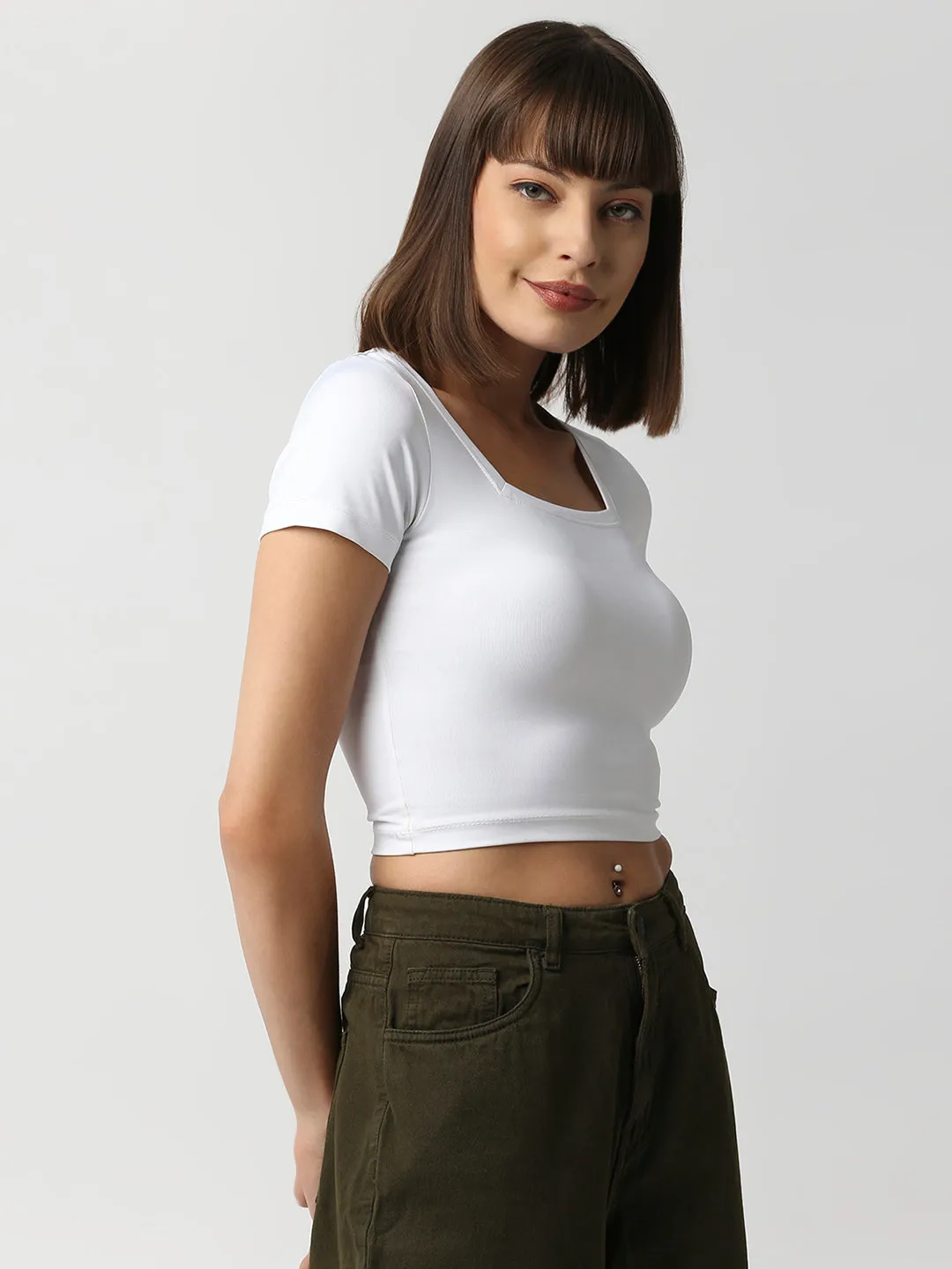 Disrupt Women White Square Neck Slim Fit Crop Top