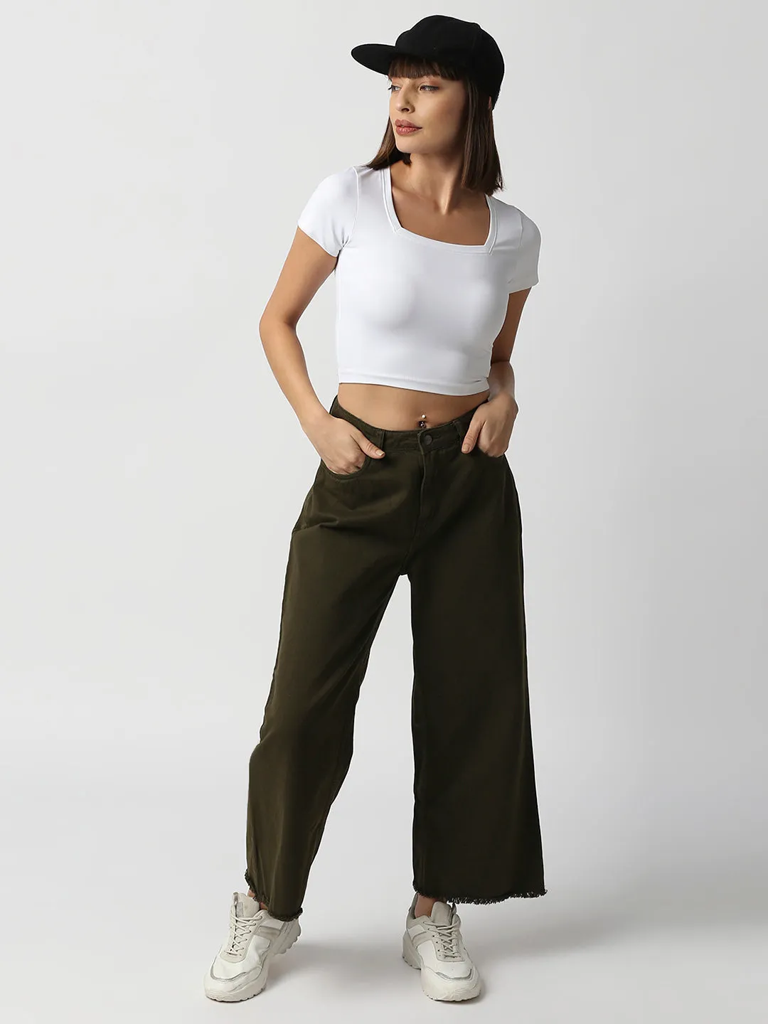 Disrupt Women White Square Neck Slim Fit Crop Top