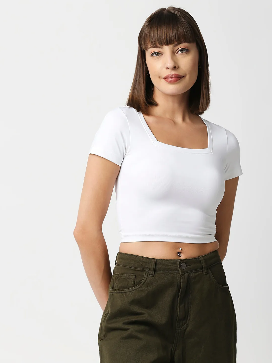 Disrupt Women White Square Neck Slim Fit Crop Top