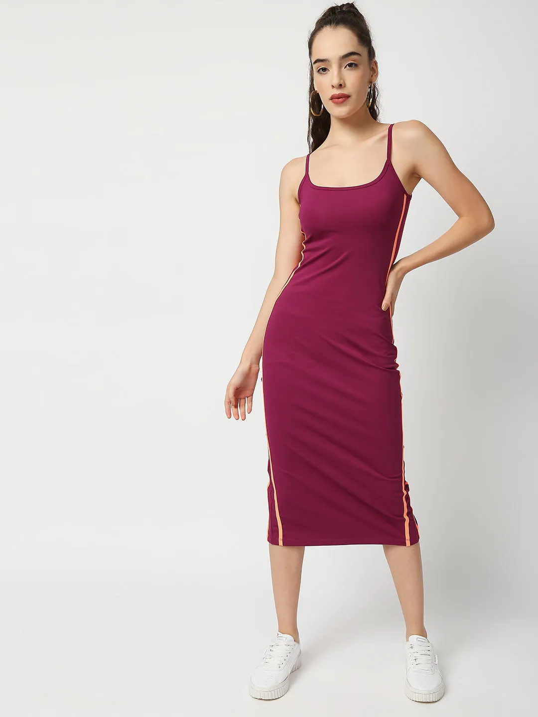 Disrupt Women Wine Strappy Midi Dress With Contrast Side Piping