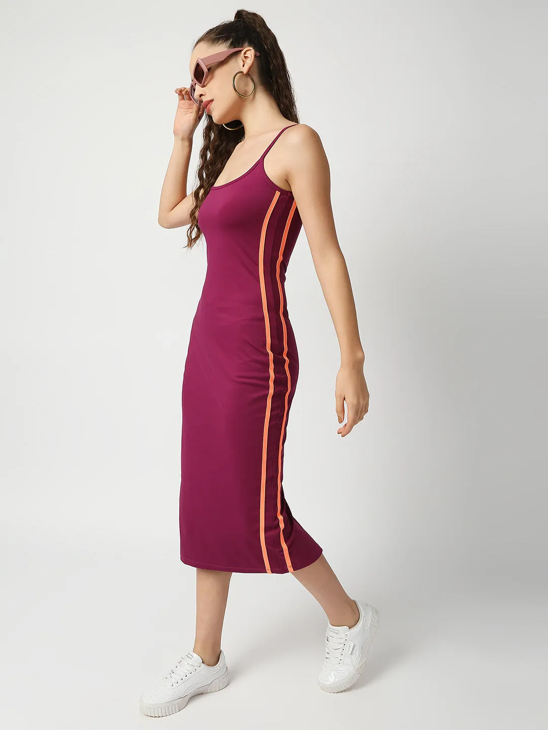Disrupt Women Wine Strappy Midi Dress With Contrast Side Piping