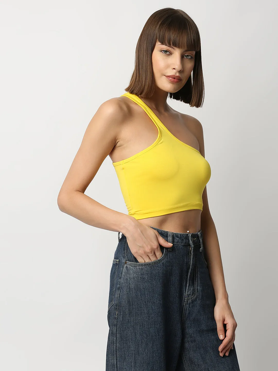 Disrupt Women Yellow One Shoulder Slim Fit Crop Top