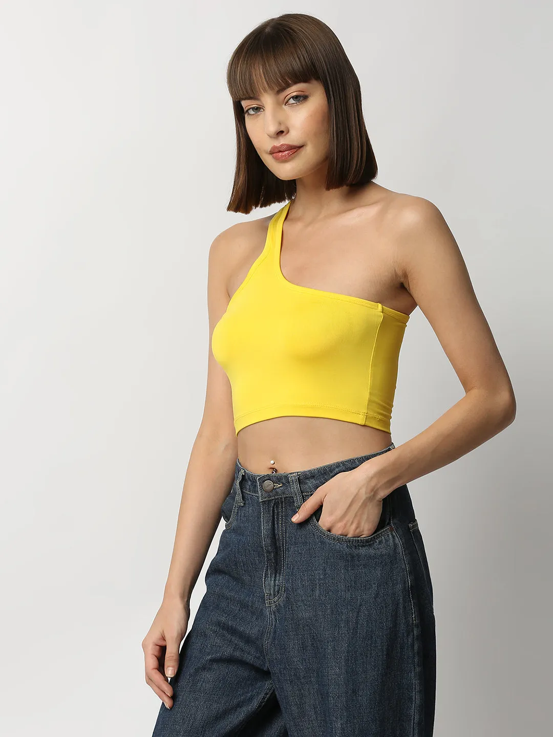 Disrupt Women Yellow One Shoulder Slim Fit Crop Top