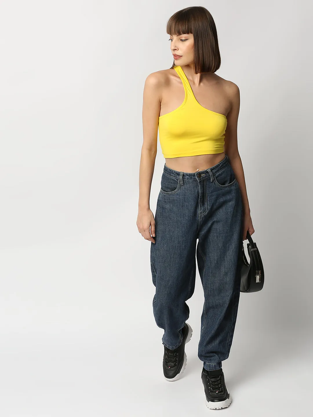 Disrupt Women Yellow One Shoulder Slim Fit Crop Top