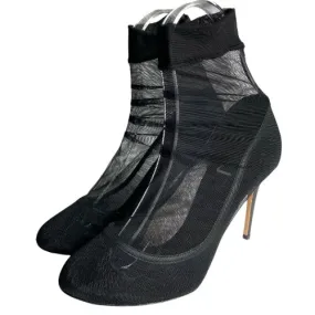 DOLCE & GABBANA Black Stretch Tulle Leather Ankle Boots, Size 39
