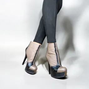 FENDI Fendista Taupe & Black Leather Platform Ankle Boots, Size 36
