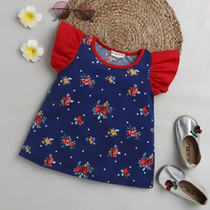 Floral with Sleeves Frill Top - Blue