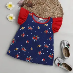 Floral with Sleeves Frill Top - Blue