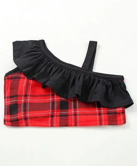 Frill and Strap Checkered Top Short Set
