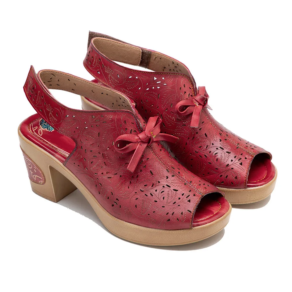 Genuine Leather Hand-polished Retro Casual Hollow Comfortable Thick Heel High Heel Sandals
