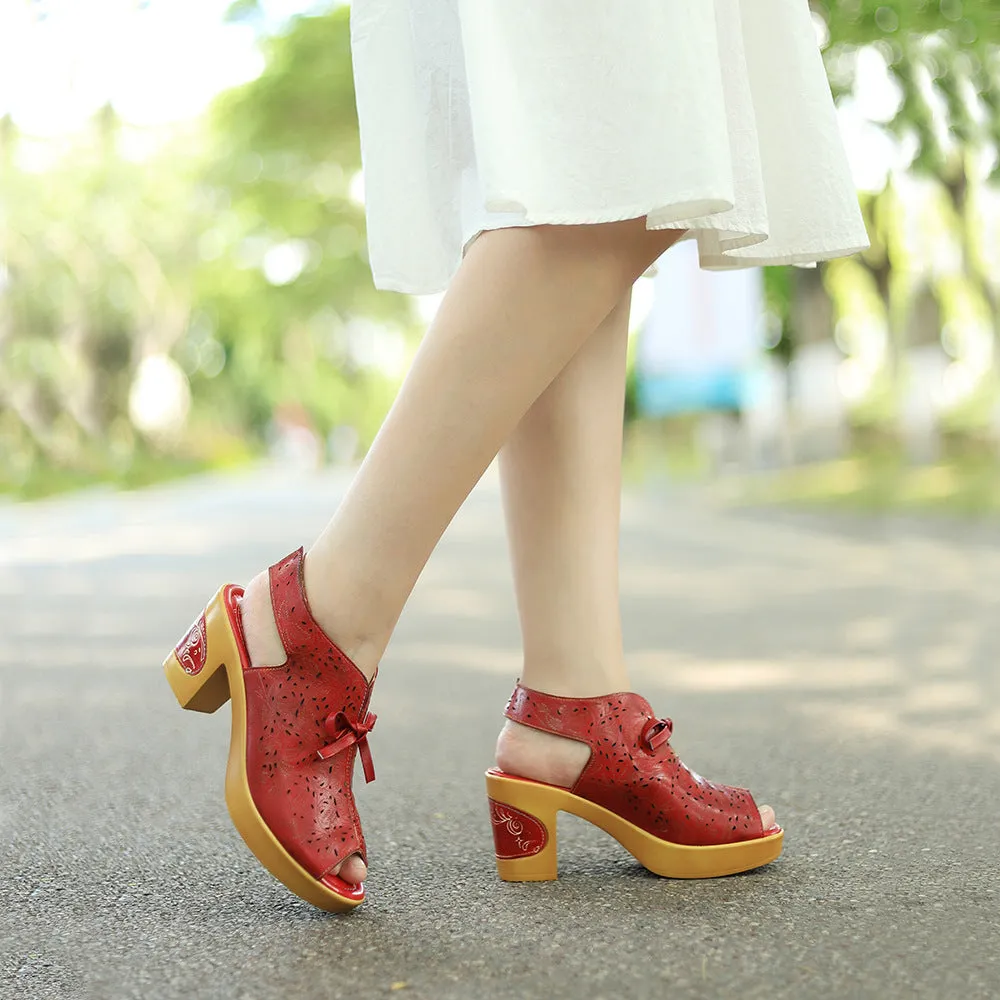 Genuine Leather Hand-polished Retro Casual Hollow Comfortable Thick Heel High Heel Sandals