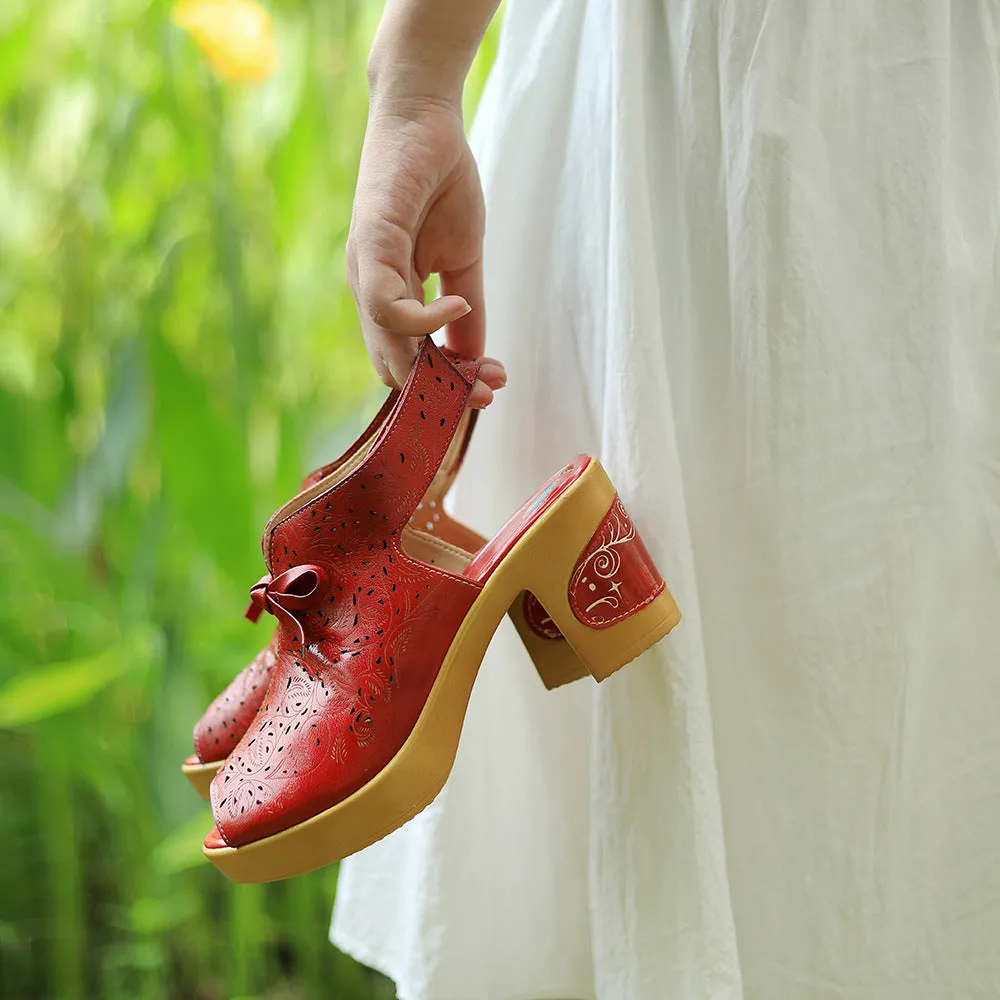 Genuine Leather Hand-polished Retro Casual Hollow Comfortable Thick Heel High Heel Sandals
