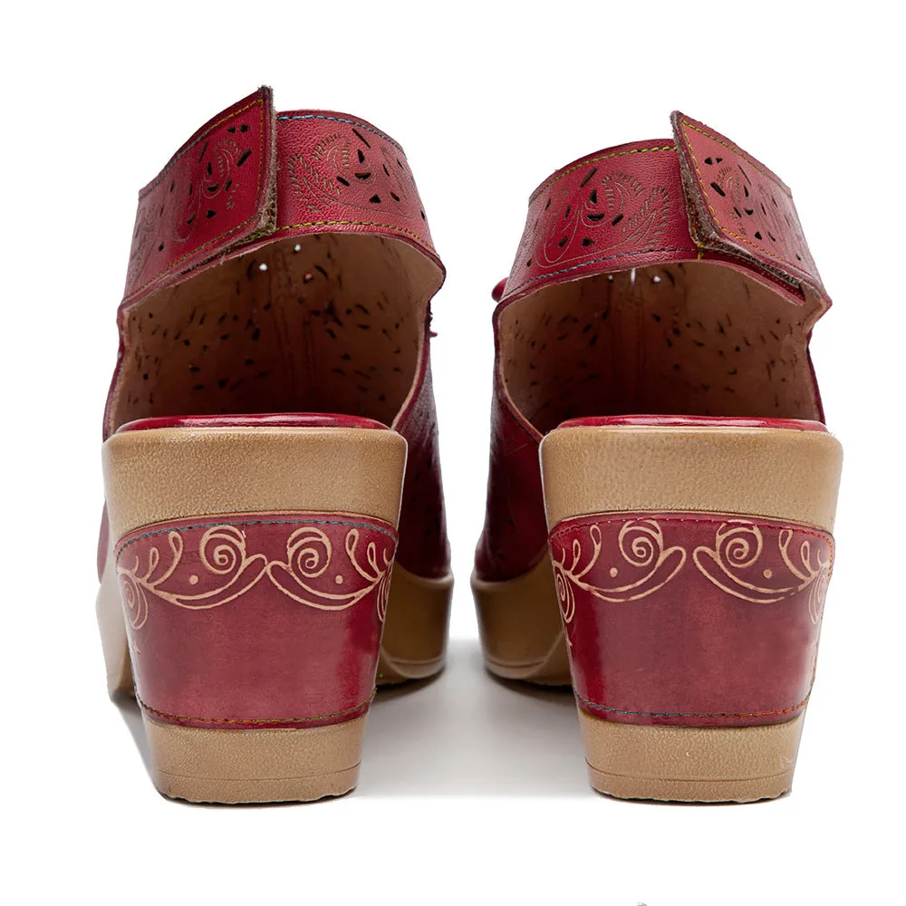 Genuine Leather Hand-polished Retro Casual Hollow Comfortable Thick Heel High Heel Sandals