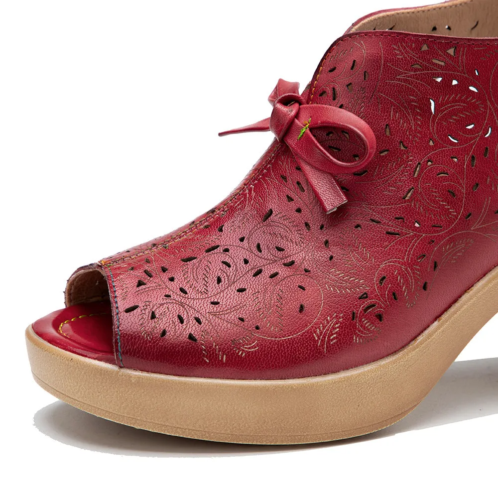 Genuine Leather Hand-polished Retro Casual Hollow Comfortable Thick Heel High Heel Sandals
