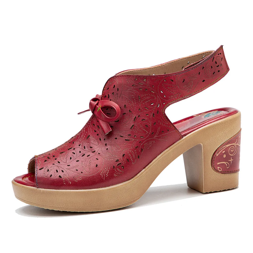 Genuine Leather Hand-polished Retro Casual Hollow Comfortable Thick Heel High Heel Sandals