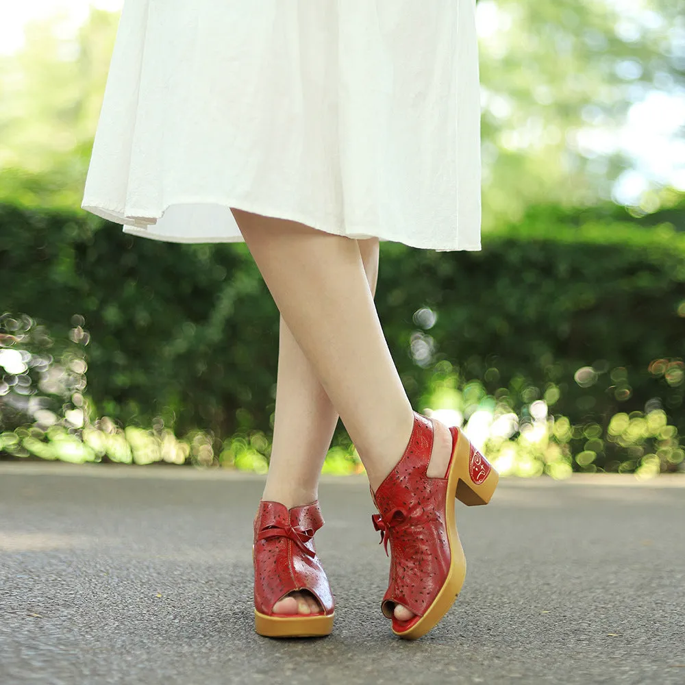 Genuine Leather Hand-polished Retro Casual Hollow Comfortable Thick Heel High Heel Sandals