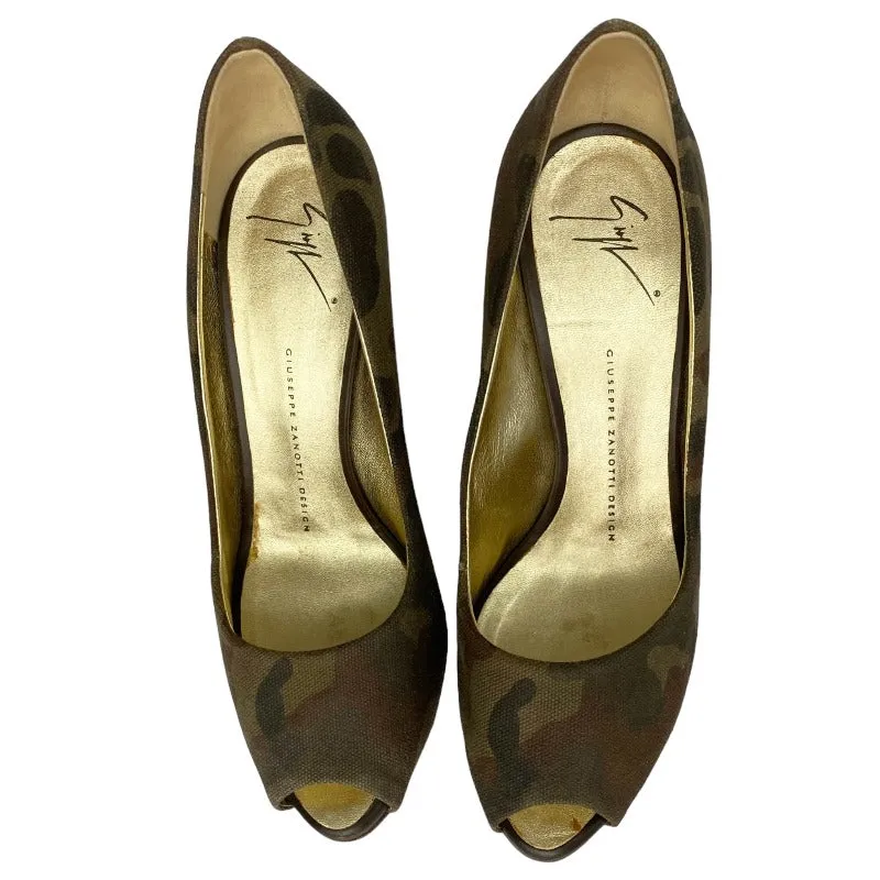 GIUSEPPE ZANOTTI Camouflage Green Brown Fabric Peep Toe Wooden Heels, Size 39