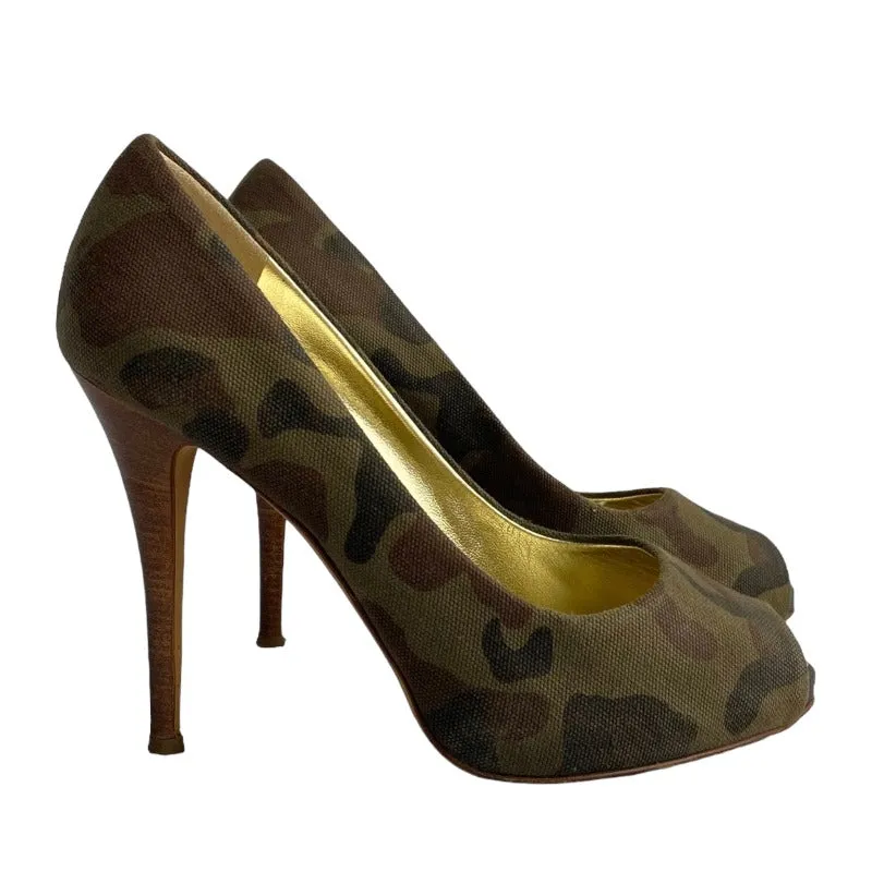 GIUSEPPE ZANOTTI Camouflage Green Brown Fabric Peep Toe Wooden Heels, Size 39