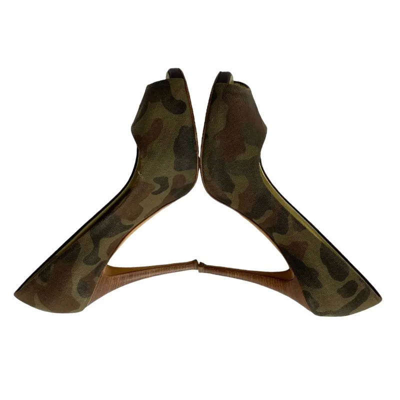 GIUSEPPE ZANOTTI Camouflage Green Brown Fabric Peep Toe Wooden Heels, Size 39
