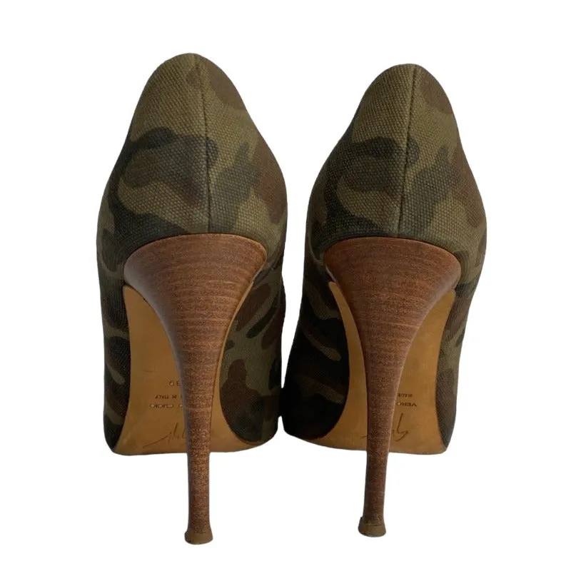 GIUSEPPE ZANOTTI Camouflage Green Brown Fabric Peep Toe Wooden Heels, Size 39