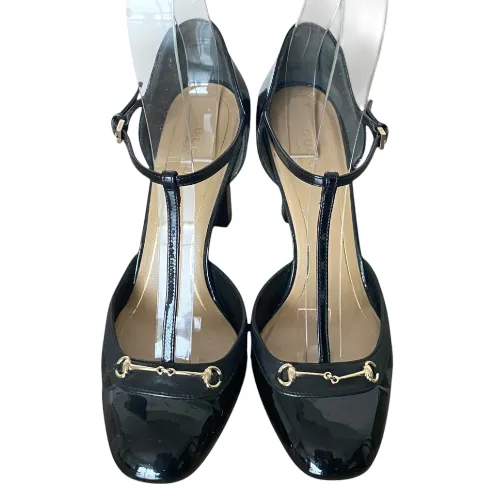 GUCCI Black Patent Leather Horsebit Leather Trim Mary Jane Pumps, Size 37