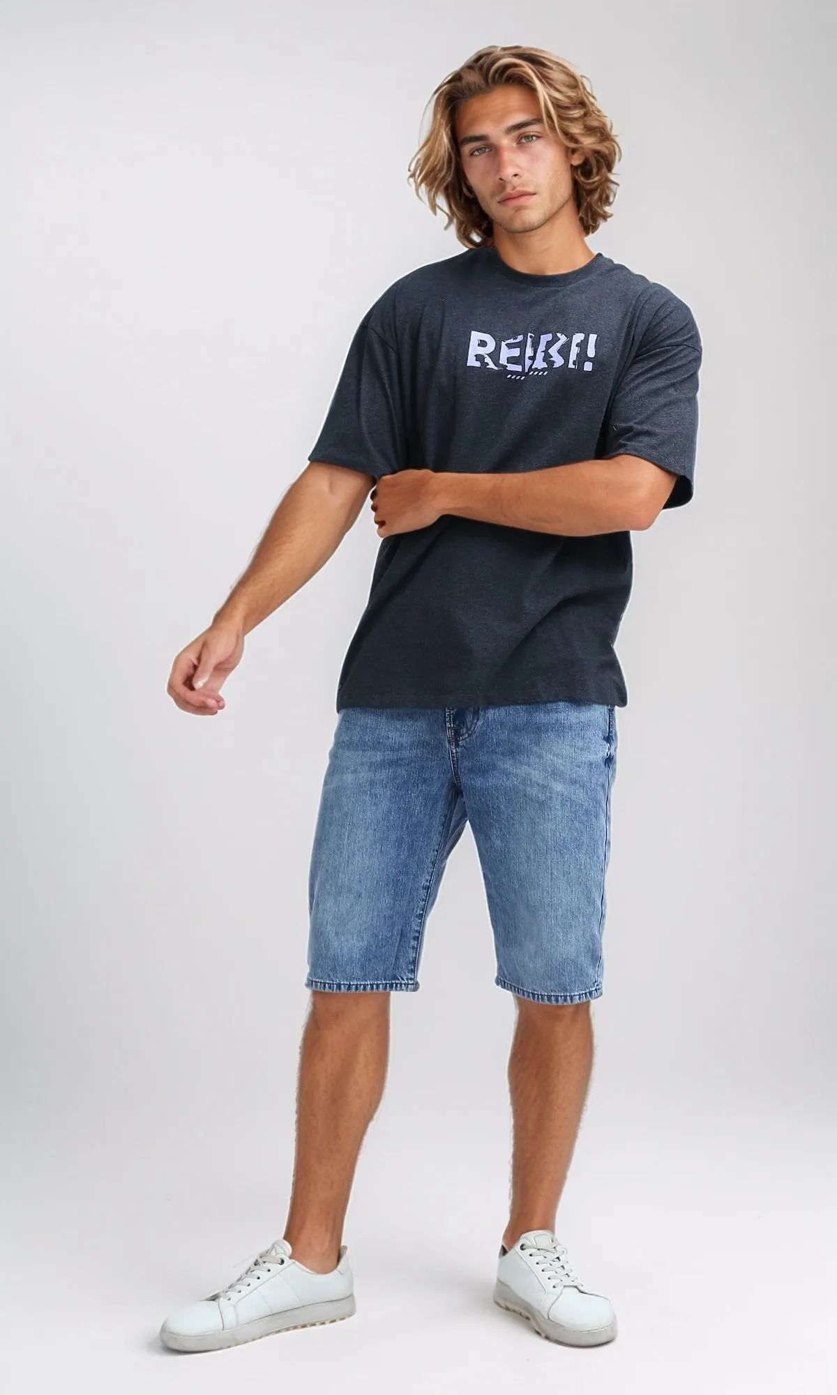O182410 Slip On Cotton Tee With Elbow Sleeves - Heather Dark Grey