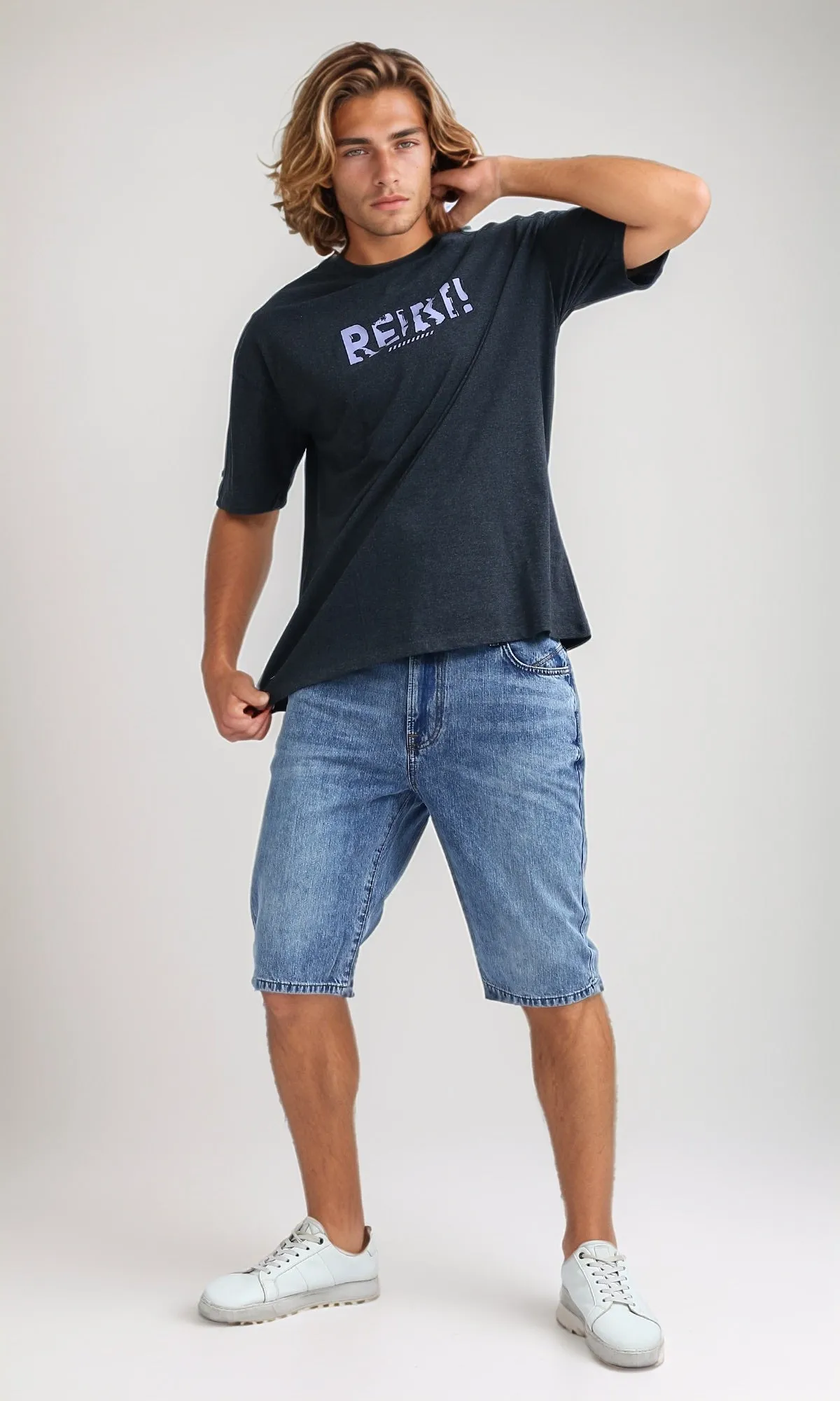 O182410 Slip On Cotton Tee With Elbow Sleeves - Heather Dark Grey
