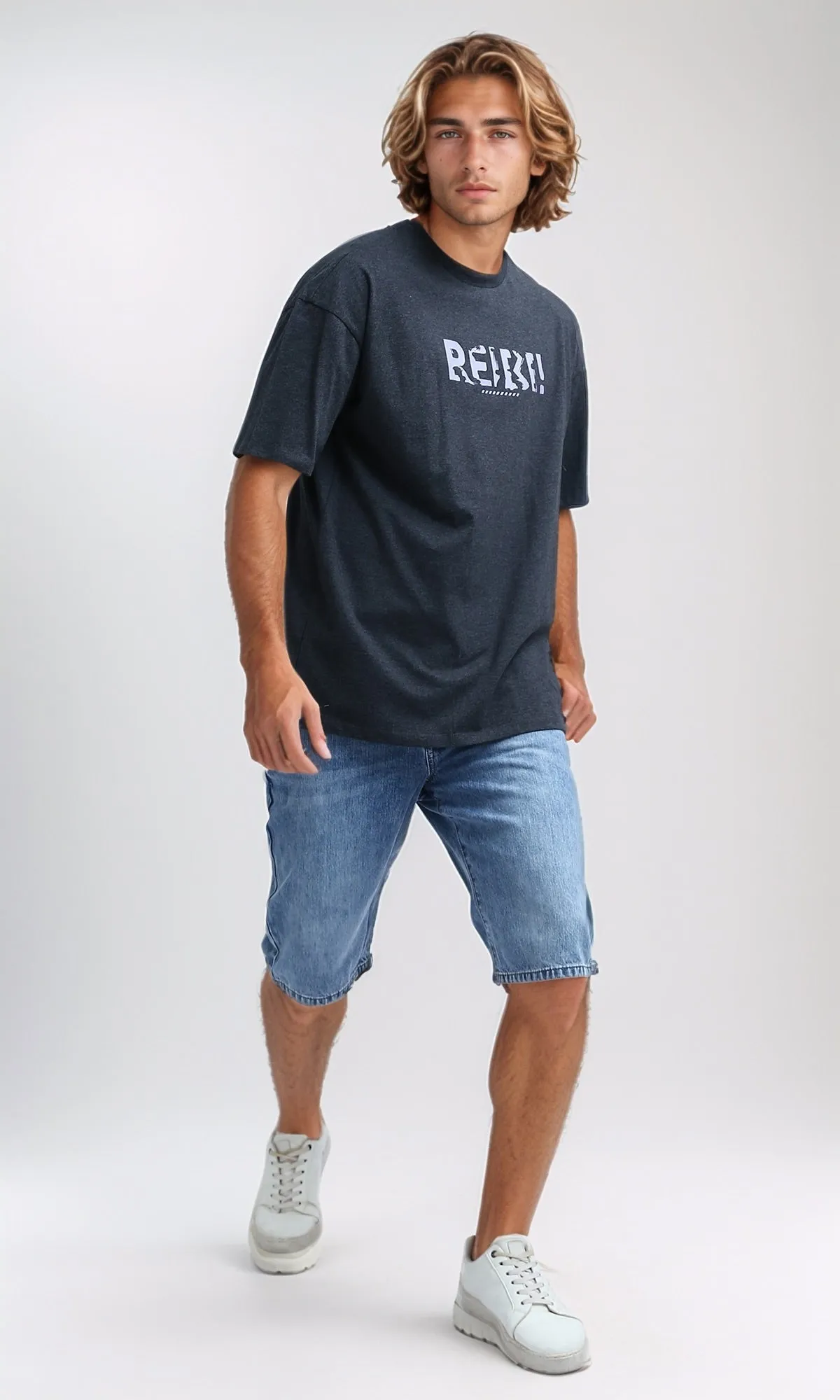 O182410 Slip On Cotton Tee With Elbow Sleeves - Heather Dark Grey