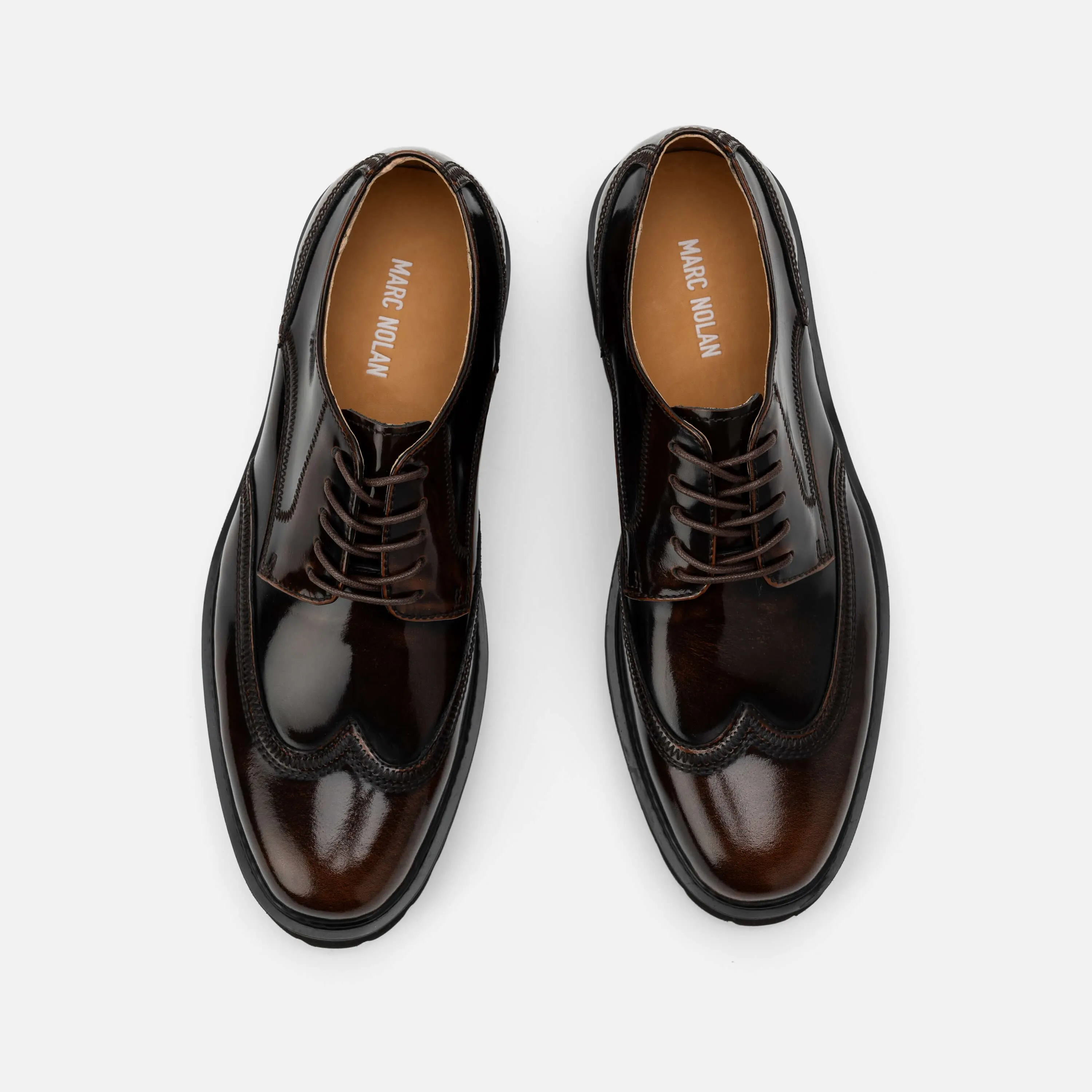 Ronan Chocolate Patent Leather Lug Wingtip Shoes