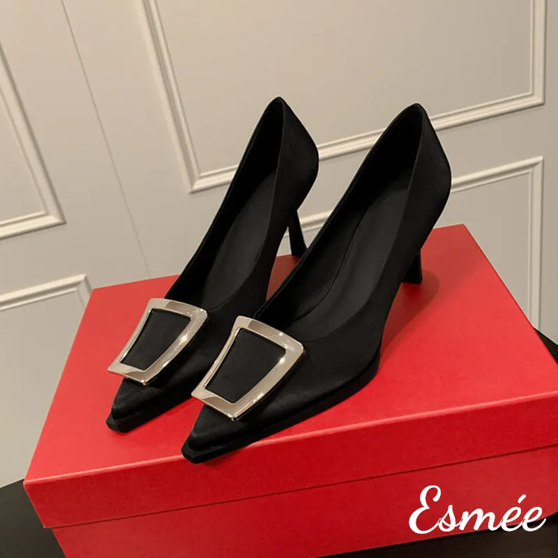 Silk High Heels with Metal Buckle