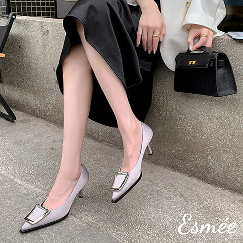 Silk High Heels with Metal Buckle