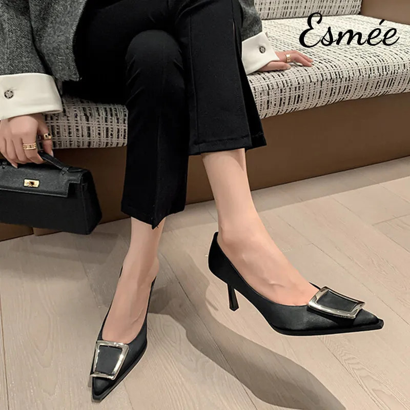 Silk High Heels with Metal Buckle