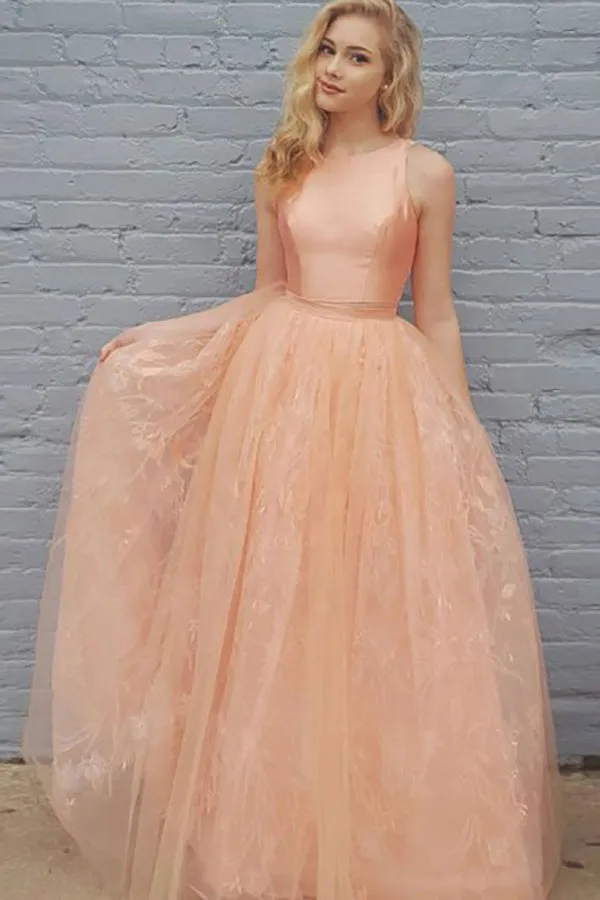Two Piece Crew Sweep Train Peach Tulle Sleeveless Prom Dress with Lace LR101