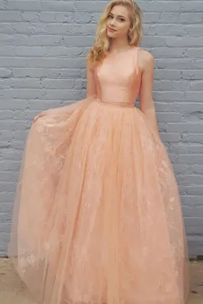 Two Piece Crew Sweep Train Peach Tulle Sleeveless Prom Dress with Lace LR101
